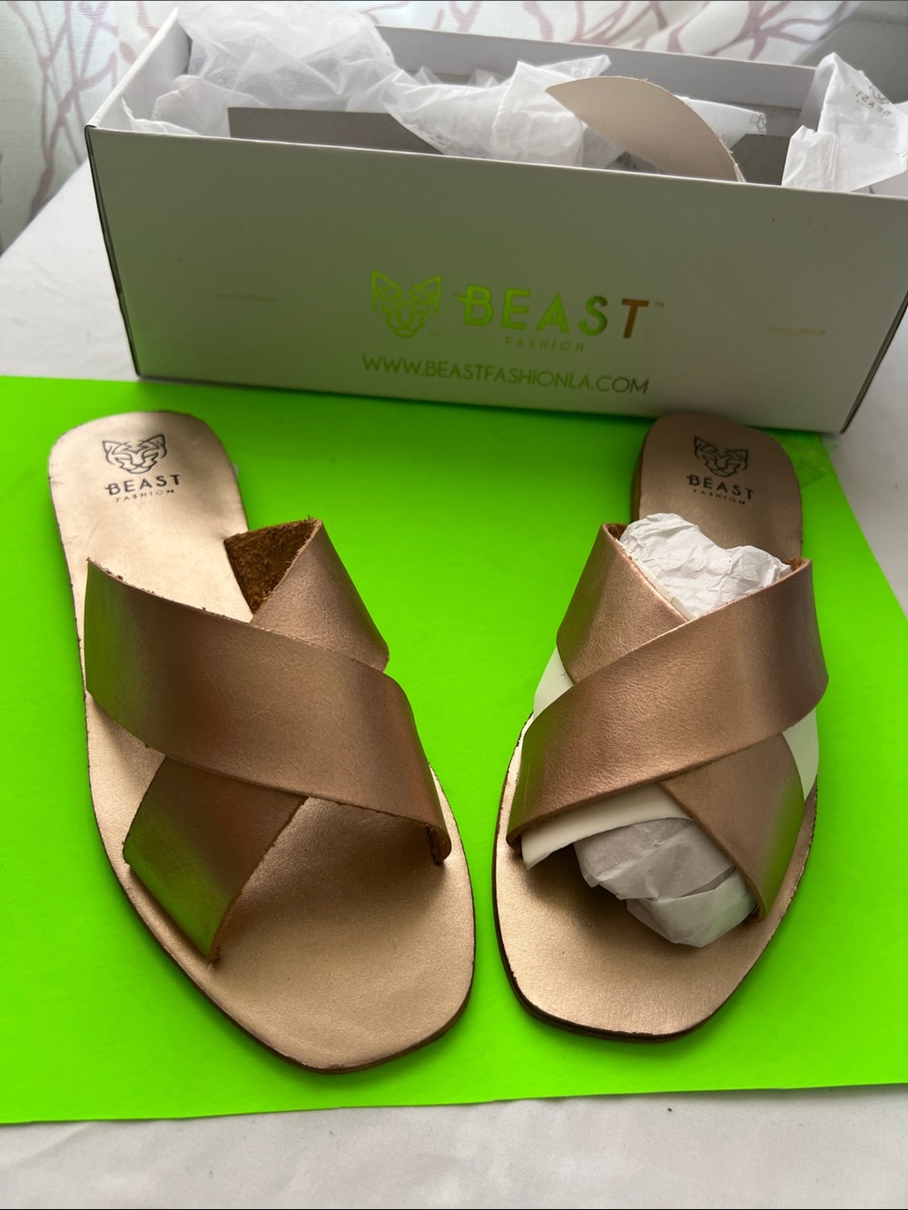 BEAST FASHION Metallic Rose Gold Crisscross Slide Sandals